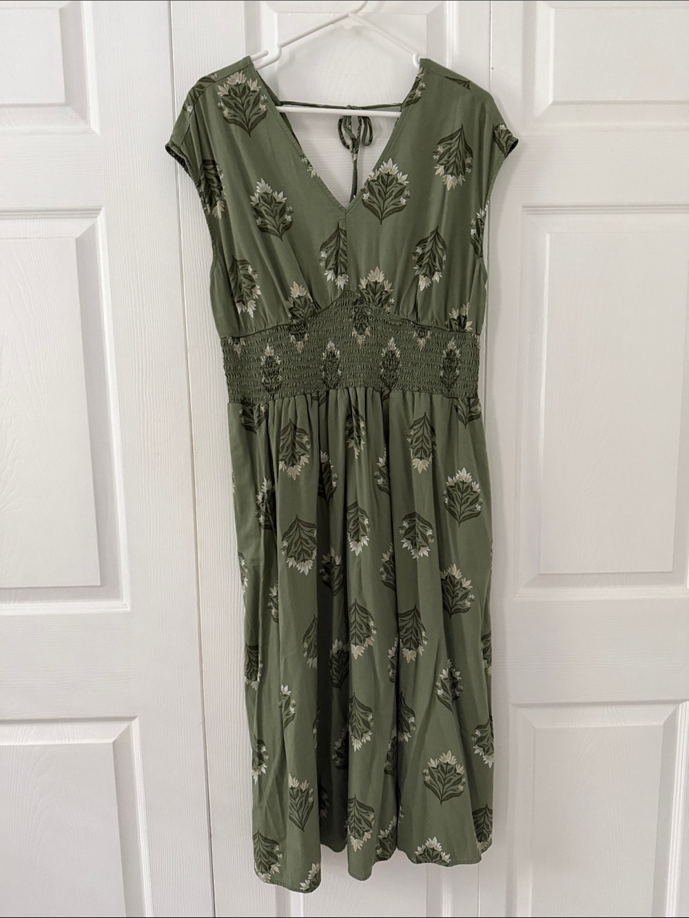 Old Navy Olive Green Floral Midi Dress with Smocked Waist